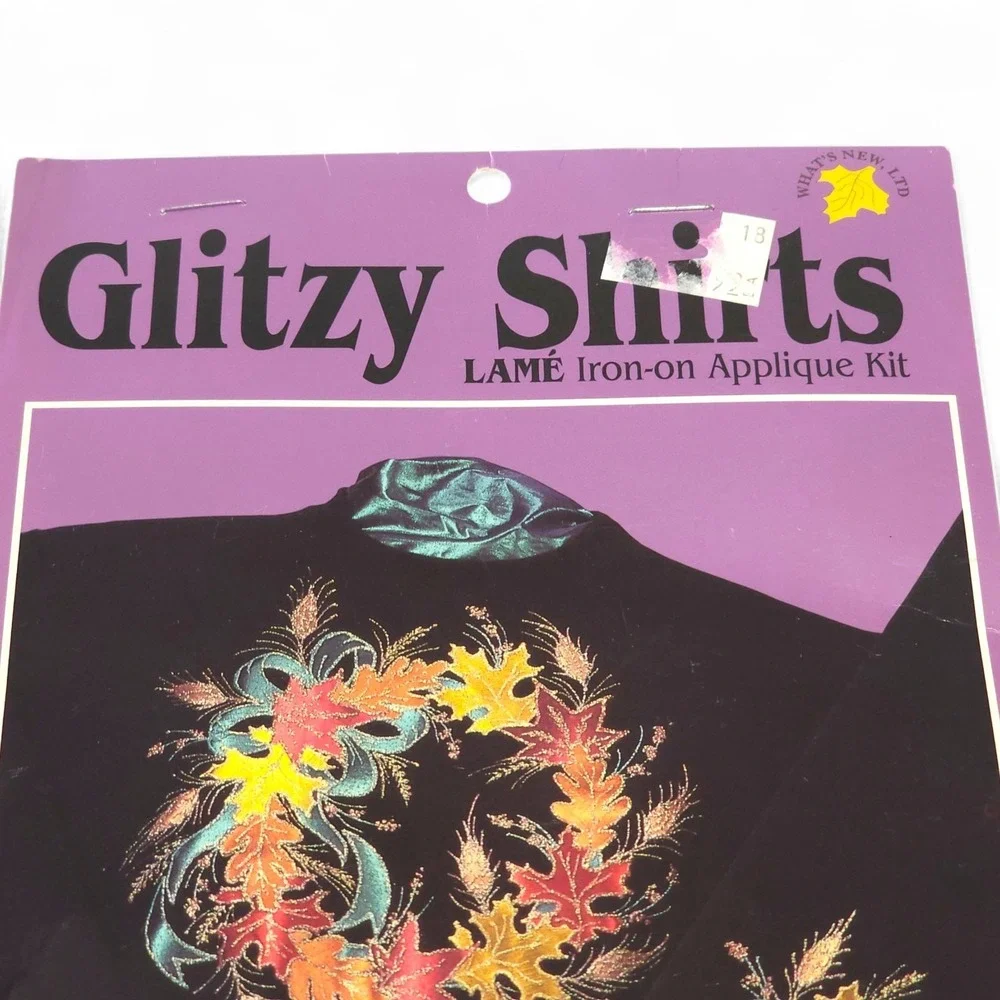Vintage 1994 Glitzy Shirts Autumn Wreath Iron On Applique Kit 44117 Lame MCM DIY